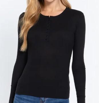 Women's Long Sleeve Crew Neck Rib Knit Top | Black