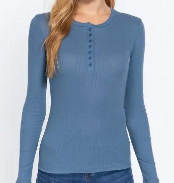 Women's Long Sleeve Crew Neck Rib Knit Top | Steel Blue