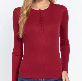 Women's Long Sleeve Crew Neck Rib Knit Top | Wine