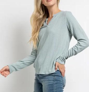 Women's Long Sleeve Split Neck Rib Knit Top | Sage