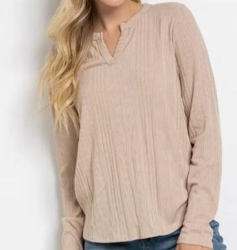 Women's Long Sleeve Split Neck Rib Knit Top | Taupe