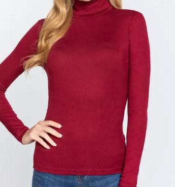 Women's Long Sleeve Turtle Neck Rib Top | Burgundy