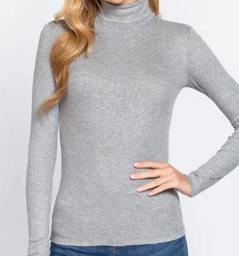 Women's Long Sleeve Turtle Neck Rib Top | Heather Grey