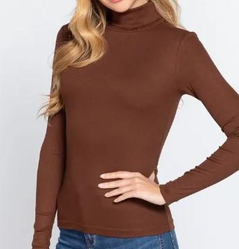 Women's Long Sleeve Turtle Neck Rib Top | Truffle Brown