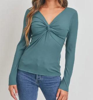 Women's Long Sleeve Twist Neck Rib Knit Top | Emerald