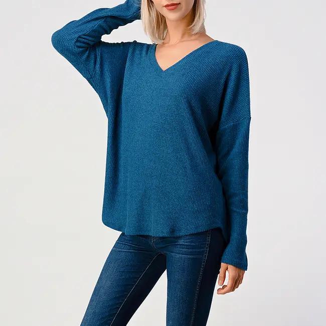 Women's Loose Fitted V-Neck Dropped Shoulder | Dark Blue