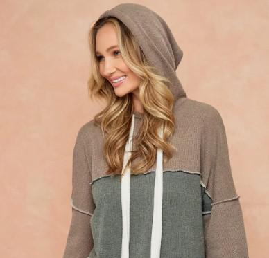 Women's Madrid Rib Solid Colorblock Hoodie | Mocha, Olive, & Mauve