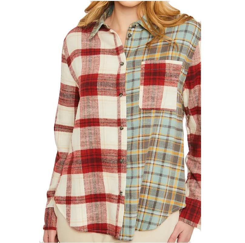 Women's Oversized Plaid Colorblock Button-Up Top | Red