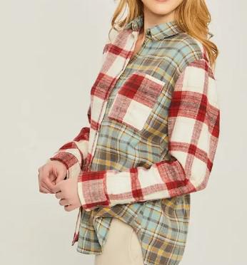 Women's Oversized Plaid Colorblock Button-Up Top | Red