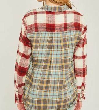 Women's Oversized Plaid Colorblock Button-Up Top | Red