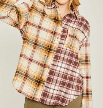 Women's Oversized Plaid Colorblock Button-Up Top | Saffron