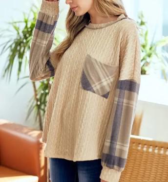 Women's Plaid Blocked Cable Knit Top | Oatmeal