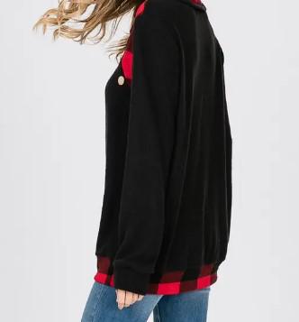 Women's Plaid Contrast Button Cowl Neck Top | Red & Black