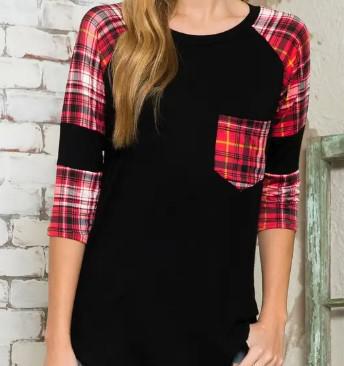 Women's Plaid Contrast Pocket Top | Black & Red