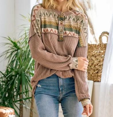 Women's Time To Enjoy Aztec Top | Taupe, Olive, & Mustard