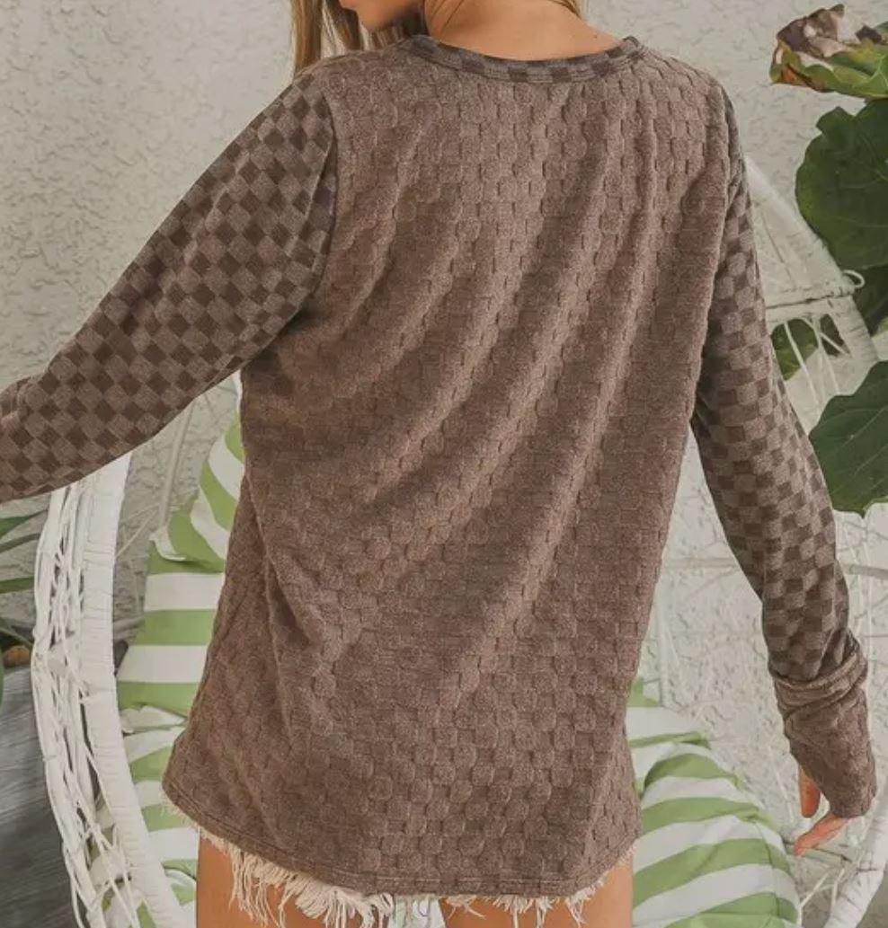 Women's Top Mocha Brushed Checkerboard Pattern