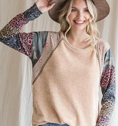 Women's Waffle Knit Cheetah Print Top | Taupe