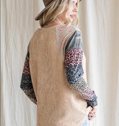 Women's Waffle Knit Cheetah Print Top | Taupe