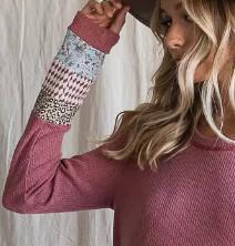 Women's Waffle Knit Top with Accent Animal Print | Marsala
